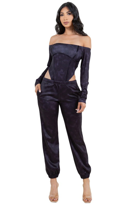 Black High Rise Bodysuit Low Rise Pants Set