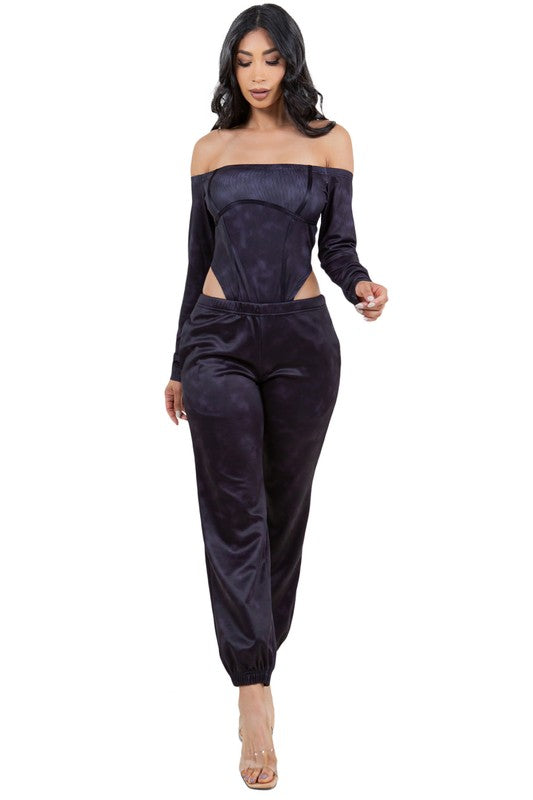 Black High Rise Bodysuit Low Rise Pants Set