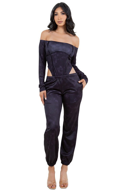 Black High Rise Bodysuit Low Rise Pants Set