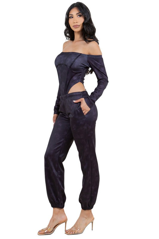 Black High Rise Bodysuit Low Rise Pants Set