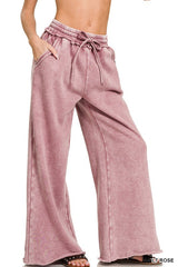 Acid Wash Fleece Palazzo Sweatpants with Pockets