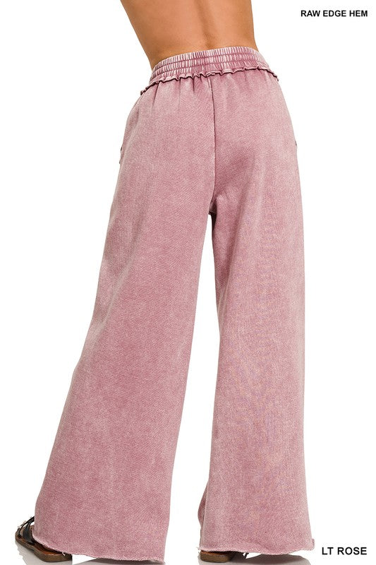 Acid Wash Fleece Palazzo Sweatpants with Pockets