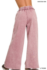 Acid Wash Fleece Palazzo Sweatpants with Pockets