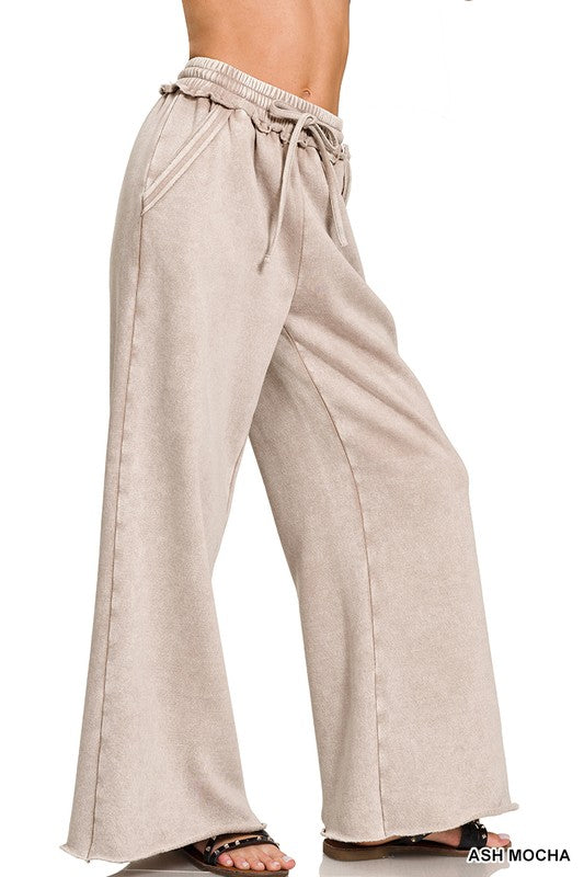 Acid Wash Fleece Palazzo Sweatpants with Pockets