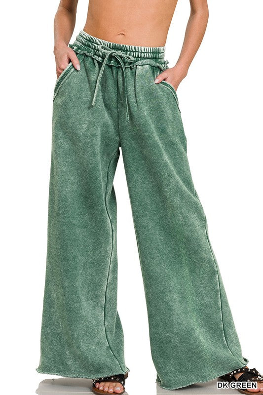 Acid Wash Fleece Palazzo Sweatpants with Pockets