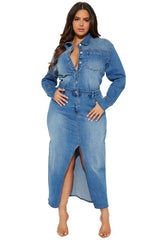 Cut Off Front Long Maxi Denim Dress