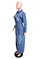 Cut Off Front Long Maxi Denim Dress