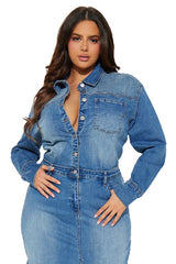 Cut Off Front Long Maxi Denim Dress