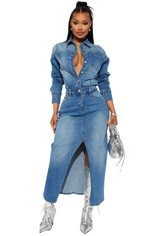 Cut Off Front Long Maxi Denim Dress