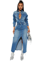 Cut Off Front Long Maxi Denim Dress