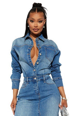 Cut Off Front Long Maxi Denim Dress