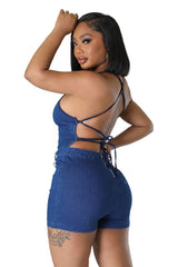 Multi Strip Back Spandex Denim Romper