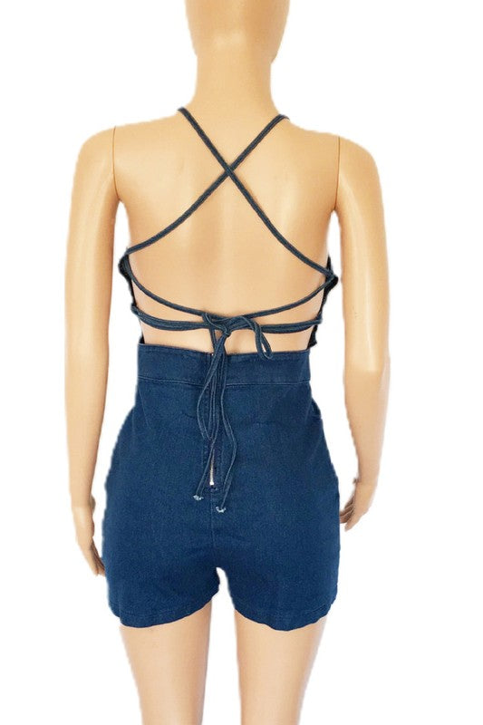 Multi Strip Back Spandex Denim Romper