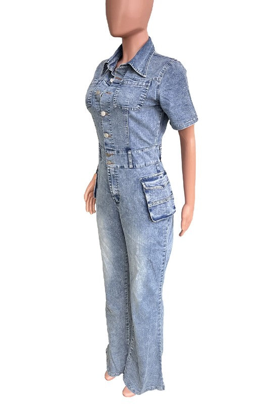 Short Sleeve Cargo Style Button Up Jumpsuit