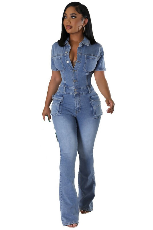 Short Sleeve Cargo Style Button Up Jumpsuit