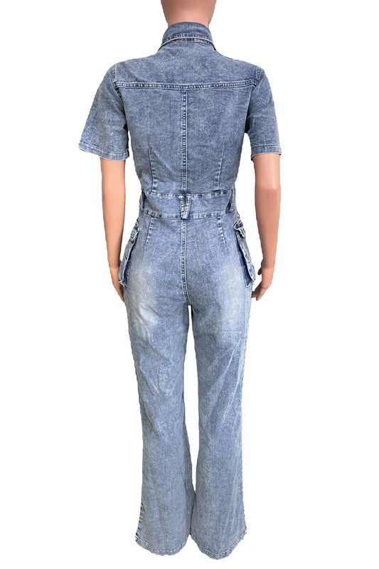 Short Sleeve Cargo Style Button Up Jumpsuit