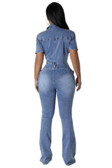 Short Sleeve Cargo Style Button Up Jumpsuit