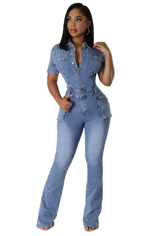 Short Sleeve Cargo Style Button Up Jumpsuit