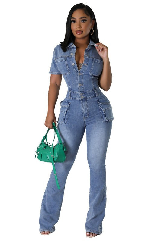 Short Sleeve Cargo Style Button Up Jumpsuit