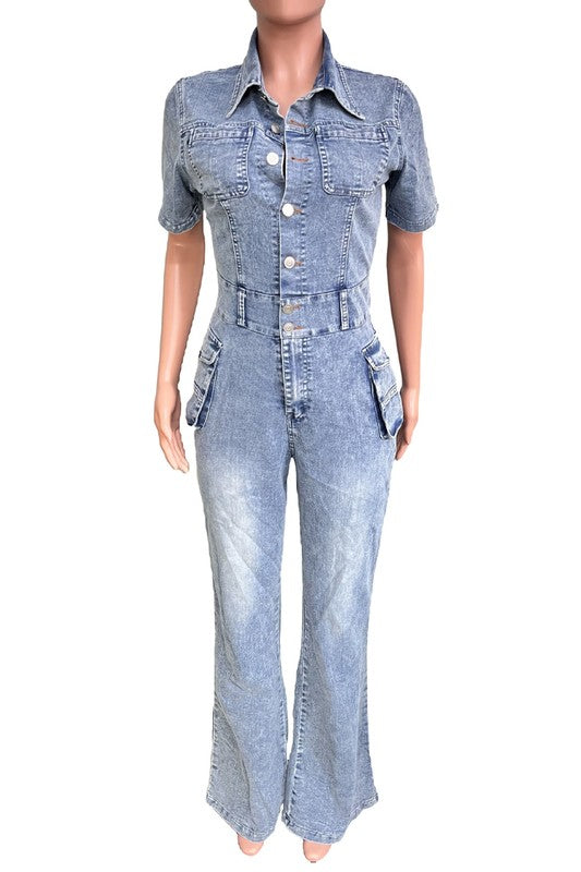 Short Sleeve Cargo Style Button Up Jumpsuit