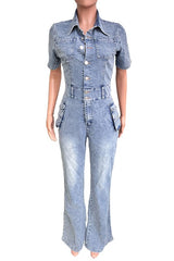 Short Sleeve Cargo Style Button Up Jumpsuit