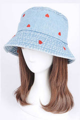 Heart Embroidered Denim Bucket Hat