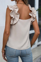 Solid Ruffle Trim Sleeveless Blouse