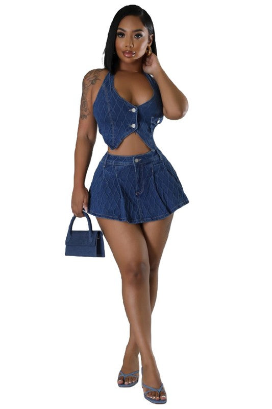 Navy Sleeveless Halter Button Top & Belt Loop Mini Skirt