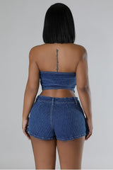 Navy Sleeveless Halter Button Top & Belt Loop Mini Skirt