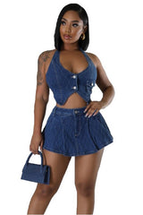 Navy Sleeveless Halter Button Top & Belt Loop Mini Skirt