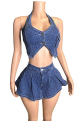 Navy Sleeveless Halter Button Top & Belt Loop Mini Skirt