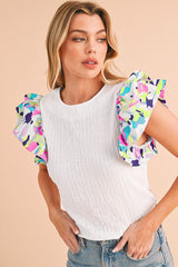 Voluminous Printed Puff Sleeve Textured Top