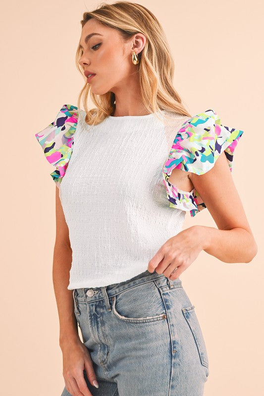 Voluminous Printed Puff Sleeve Textured Top