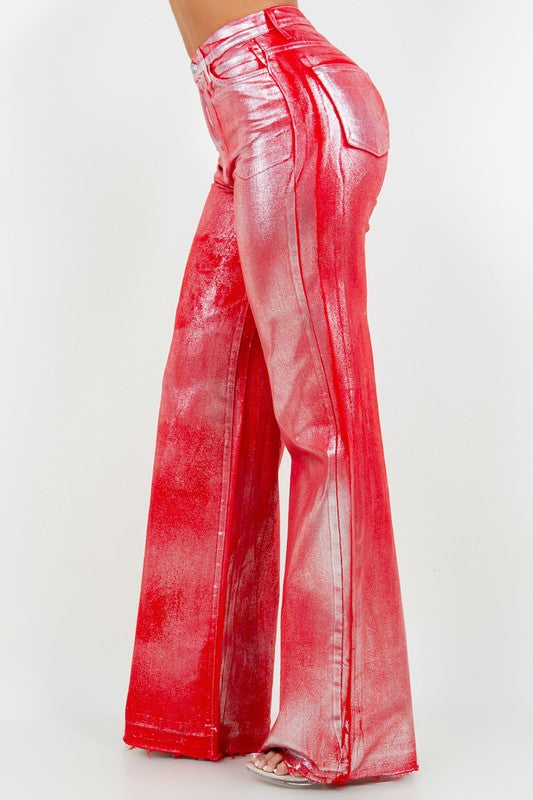 Metallic Wide Leg Jeans in Red