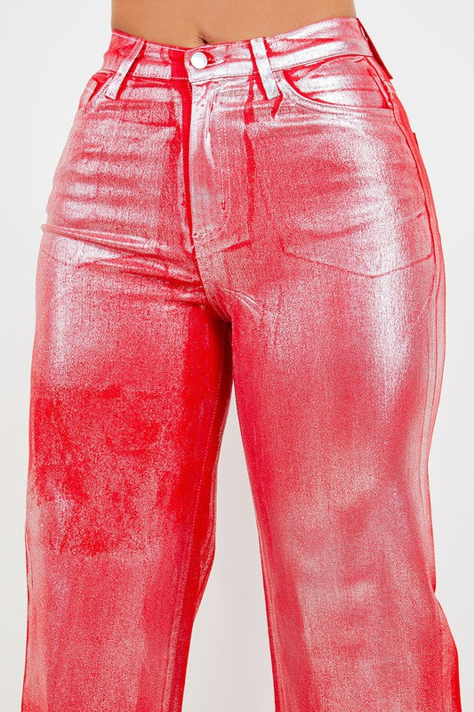 Metallic Wide Leg Jeans in Red