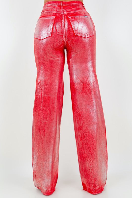 Metallic Wide Leg Jeans in Red