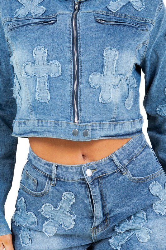 Denim Crop Jacket with Mini Short Set