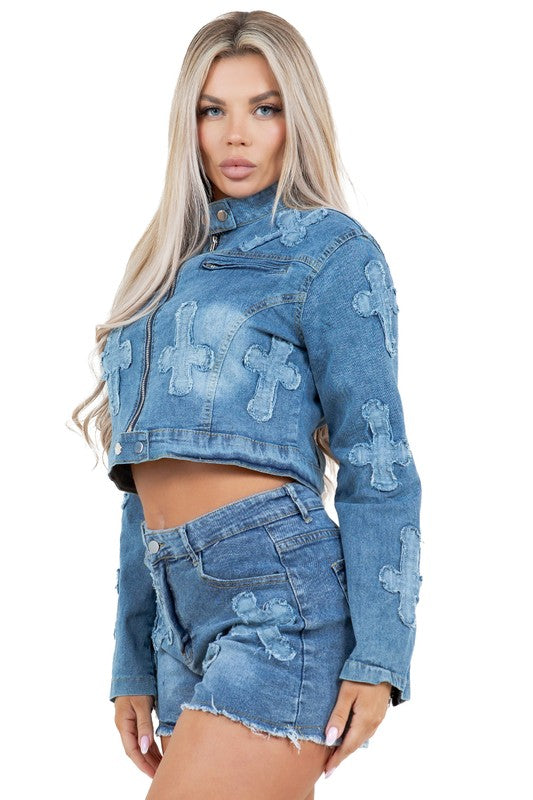 Denim Crop Jacket with Mini Short Set