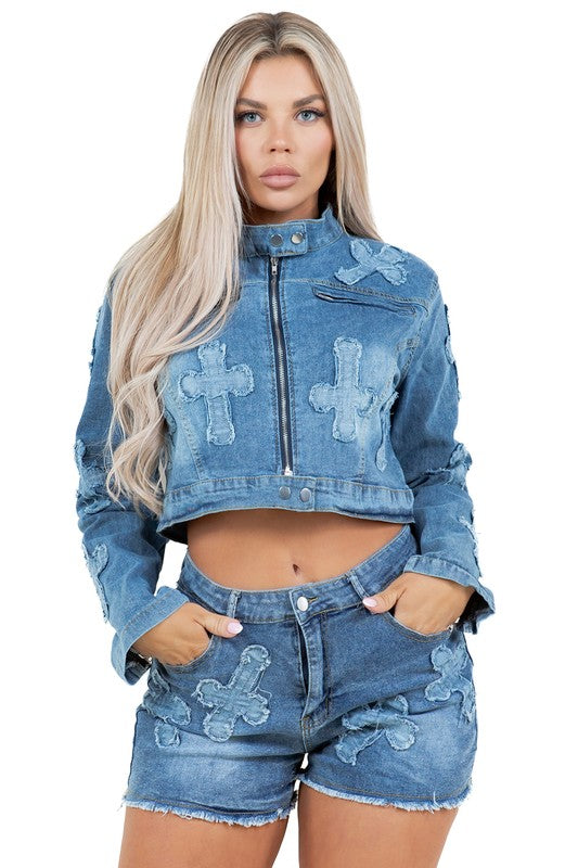 Denim Crop Jacket with Mini Short Set