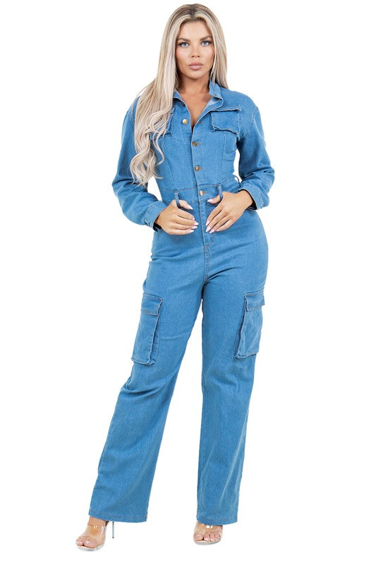 Straight Style Pant Cargo Pocket Jumpsuit