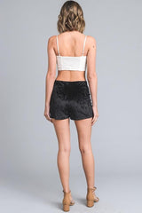 Black Stretch Solid Velvet Shorts with Tie Front