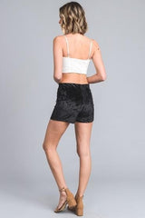 Black Stretch Solid Velvet Shorts with Tie Front