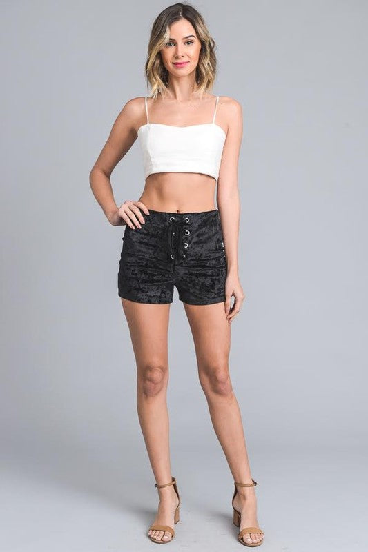 Black Stretch Solid Velvet Shorts with Tie Front