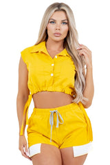 Yellow Cinched & Tied Crop Top Summer Shorts Set