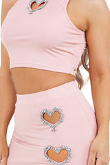 Baby Pink Sparkling Heart Crop Top Mini Skirt Set