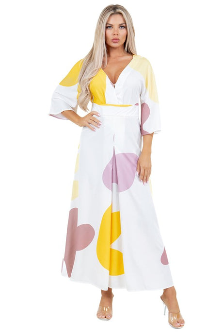 V-Neck 3/4 Sleeve Summer Look Maxi Dress