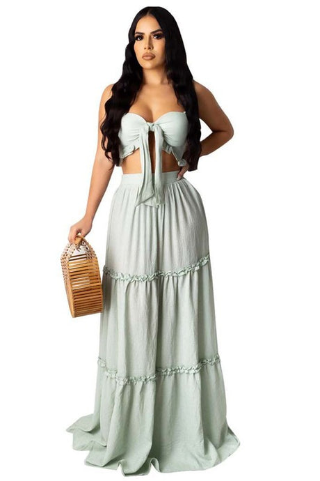 Summer Crop Top Tiered Maxi Skirt Set