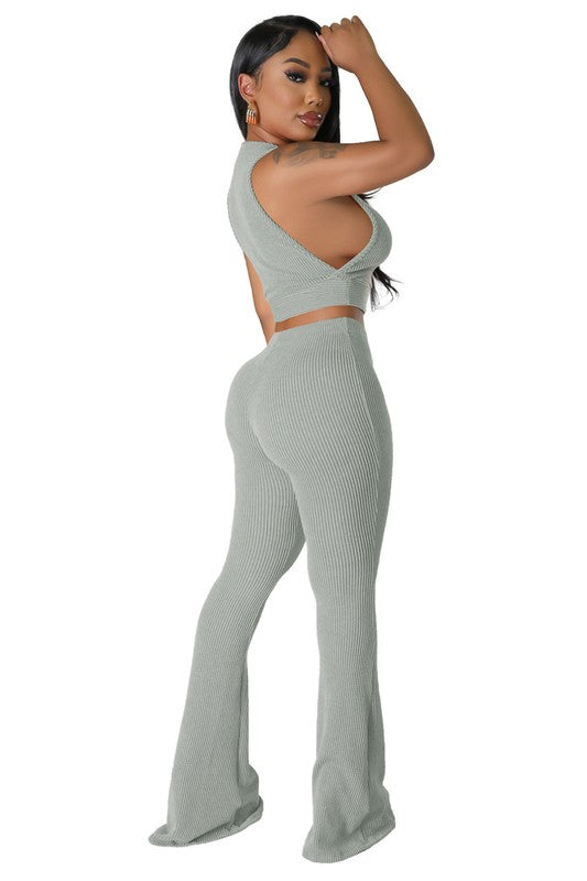 Sleeveless Ribbed Crop Top Fitted Pant Set