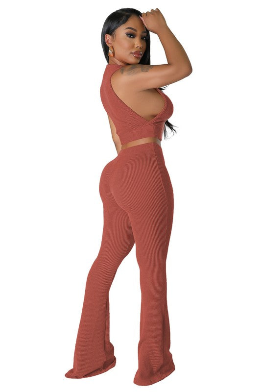 Sleeveless Ribbed Crop Top Fitted Pant Set