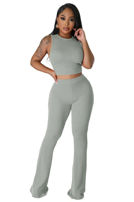 Sleeveless Crop Top with Elastic Drawstring Fitted Pants